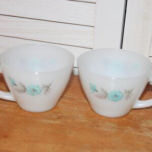 Vintage Fire King Cup & Saucer Bonnie Blue Carnation Flower Coffee Tea Set of 2
